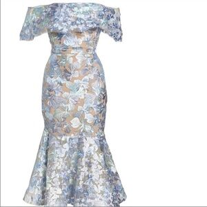 Bronx and Banco Off-Shoulder Floral Lace Midi Dress in Pastel Blue and Cream